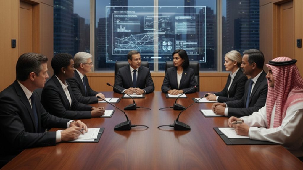 A diverse group of professionals in business suits sitting around a long wooden conference table in a modern boardroom.
