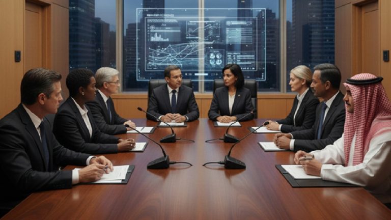 A diverse group of professionals in business suits sitting around a long wooden conference table in a modern boardroom.