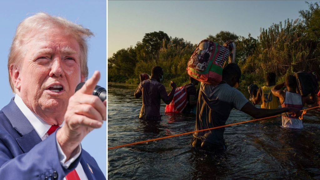 A split-screen image showing a close-up of Donald Trump speaking on the left and a group of people carrying belongings while wading through a river on the right.