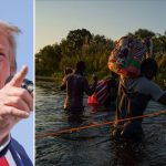 A split-screen image showing a close-up of Donald Trump speaking on the left and a group of people carrying belongings while wading through a river on the right.