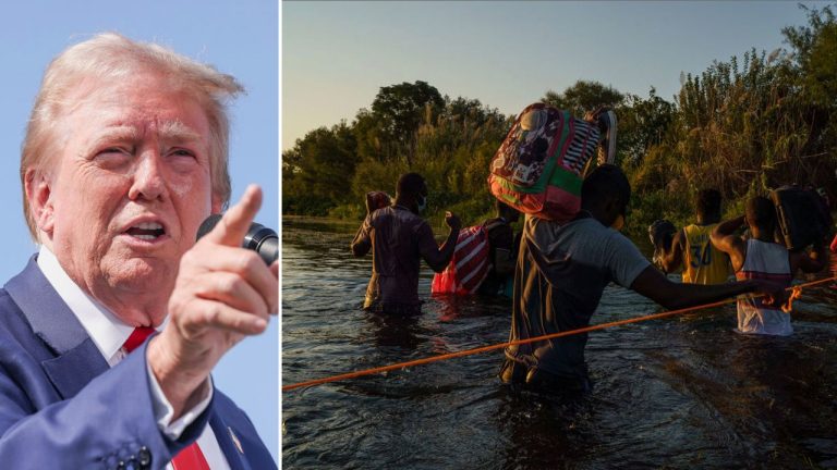 A split-screen image showing a close-up of Donald Trump speaking on the left and a group of people carrying belongings while wading through a river on the right.