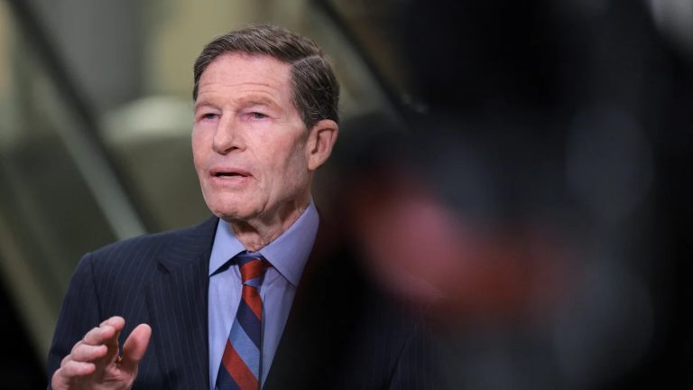 Senator Richard Blumenthal speaking during a press conference about classified briefings.