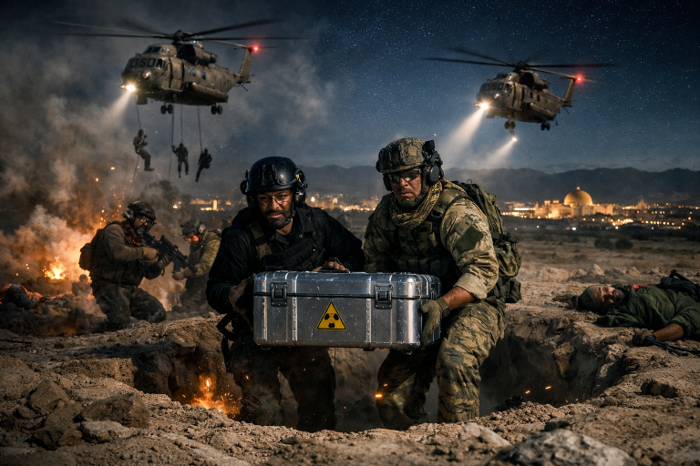 Soldiers lifting a silver metal crate with a yellow radiation warning symbol at a desert excavation site at night with military helicopters.