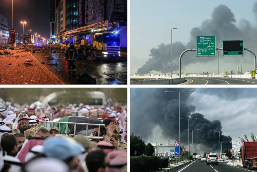A four-panel collage showing a fire truck at night, a highway sign near smoke, a crowd carrying a coffin, and a street with distant smoke.