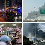 A four-panel collage showing a fire truck at night, a highway sign near smoke, a crowd carrying a coffin, and a street with distant smoke.