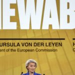 Ursula von der Leyen speaking at a podium with a large "RENEWABLES" sign in the background.