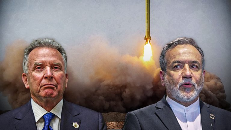 A composite image featuring two political figures from the US and Iran in front of a missile launch with smoke clouds.