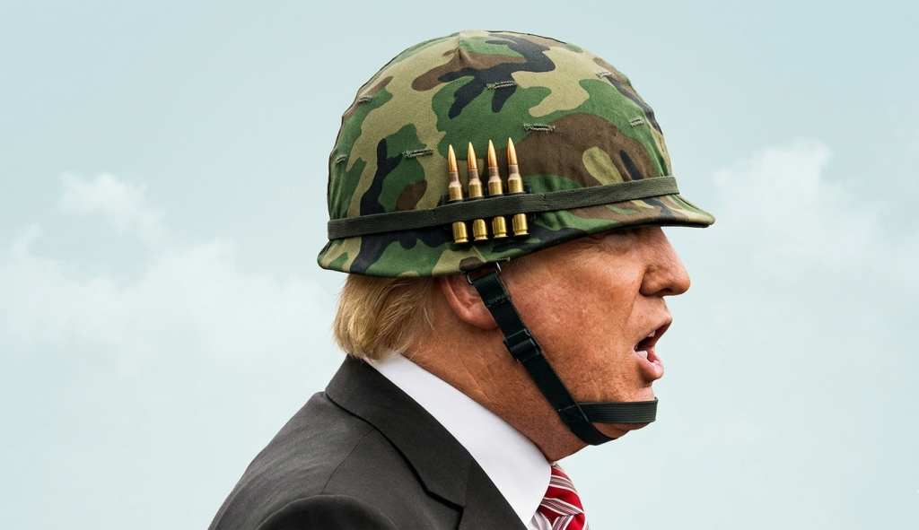 Donald Trump profile wearing a camouflage military helmet with bullets and a suit, shouting.