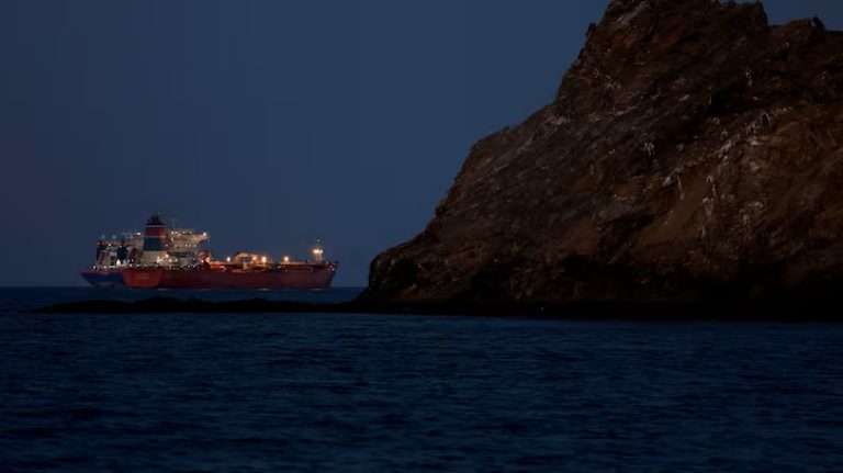 A large red cargo ship sailing near a dark, rocky cliff at twilight or night.