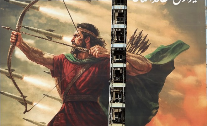 Illustration of Arash the Archer firing missiles instead of arrows in a modern geopolitical art style.