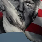 Stylized graphic of Donald Trump's face superimposed on a waving American flag.