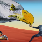A caricature of Benjamin Netanyahu pulling the beak of a large American bald eagle.