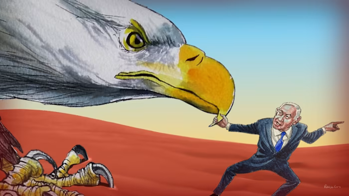 A caricature of Benjamin Netanyahu pulling the beak of a large American bald eagle.