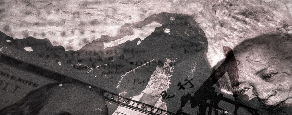 Conceptual collage featuring a US hundred-dollar bill, an oil pump jack, and a map of the Middle East.