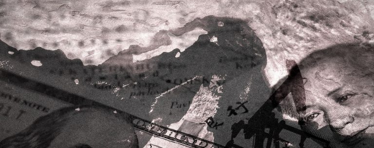 Conceptual collage featuring a US hundred-dollar bill, an oil pump jack, and a map of the Middle East.