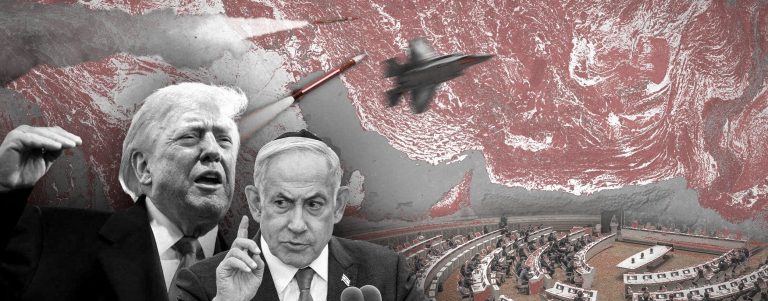 A composite collage featuring Donald Trump, Benjamin Netanyahu, a fighter jet, missiles, and the UN Security Council chamber over a map of Iran.