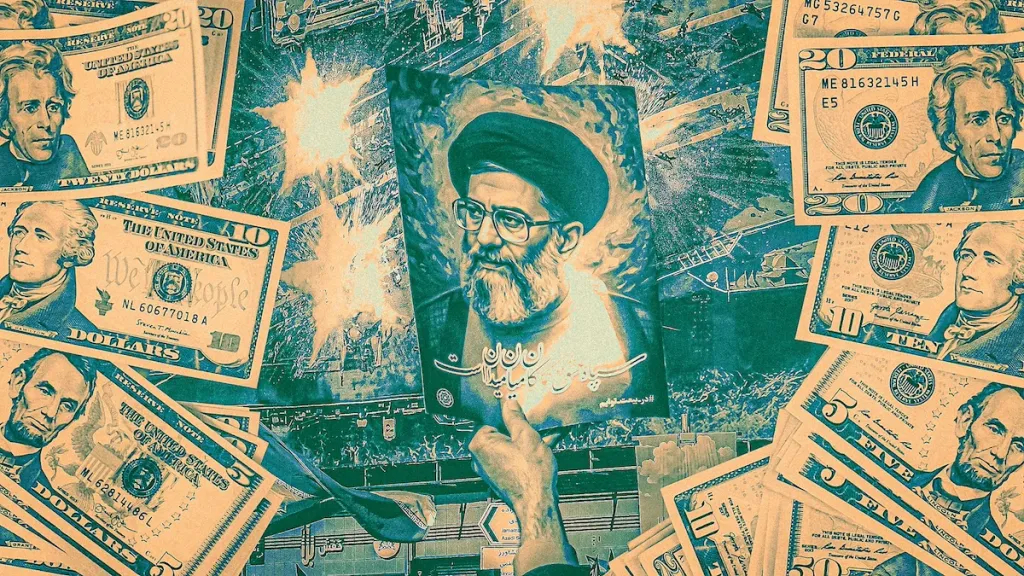 A digital collage featuring a central portrait of Ali Khamenei surrounded by scattered United States five, ten, and twenty-dollar bills.