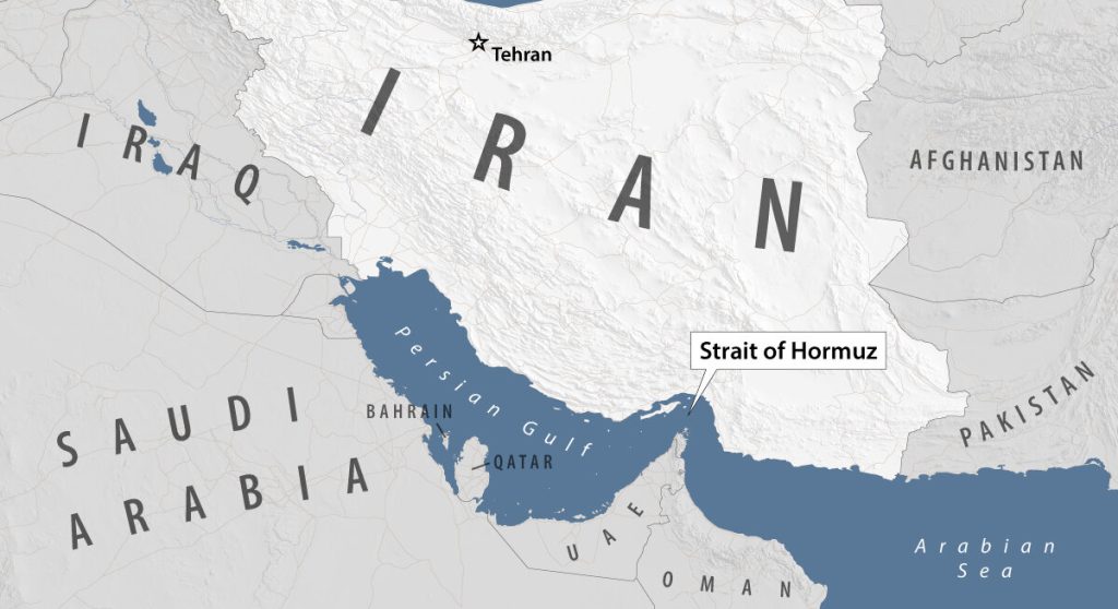A clean geopolitical map of Iran and the Persian Gulf with labels for Tehran, the Strait of Hormuz, and neighboring countries.