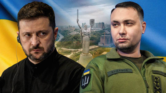A composite image featuring Ukrainian President Volodymyr Zelenskyy on the left and military intelligence chief Kyrylo Budanov on the right, with the Mother Ukraine monument in Kyiv and the Ukrainian flag in the background.