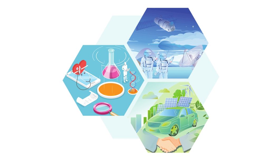 An isometric illustration showcasing three hexagonal frames representing medical research, space exploration, and green energy technology.
