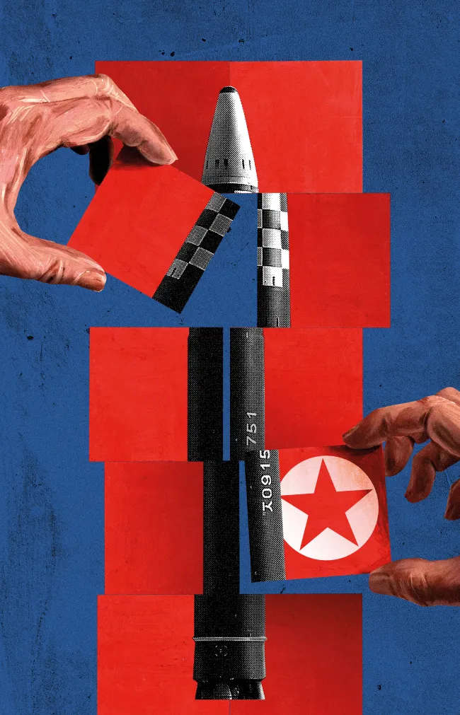 A conceptual illustration of hands assembling a missile like a puzzle against a blue background with a North Korean flag piece.