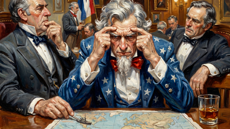 A classic oil painting illustration of Uncle Sam looking stressed while leaning over a world map with European politicians around him.