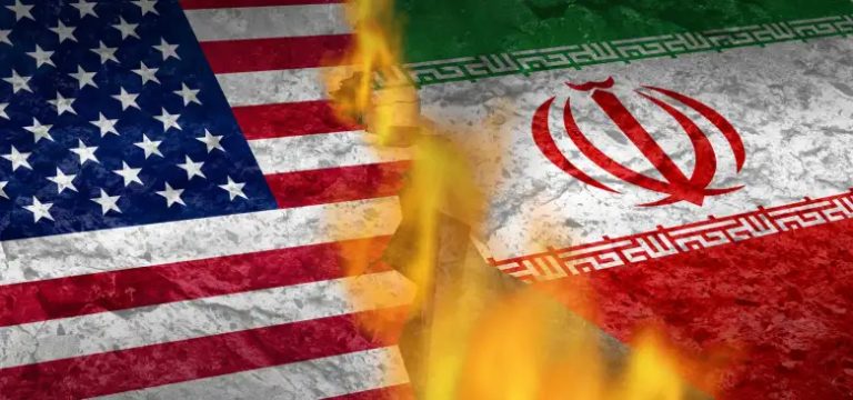 A conceptual image showing the USA and Iran flags separated by a deep, fiery crack in a stone surface.