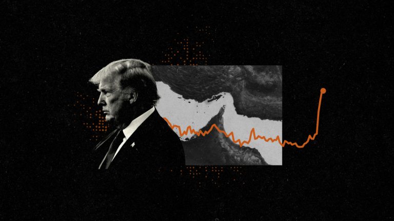 Illustration of Donald Trump's silhouette against a map of the Strait of Hormuz with a rising oil price graph.