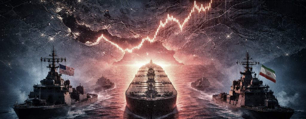 Digital art of US and Iranian naval warships flanking a large oil tanker under a glowing economic trend line.