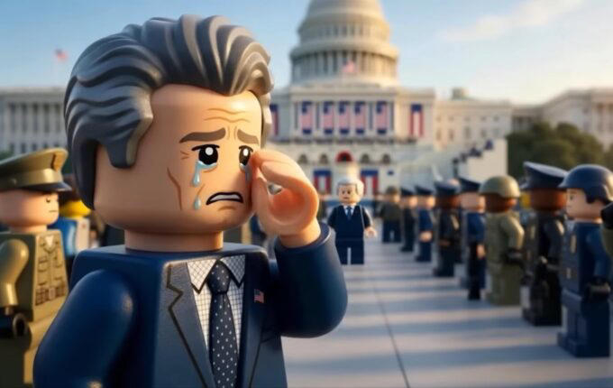 A crying Lego figure representing a US official in front of the White House with miniature soldiers in the background.