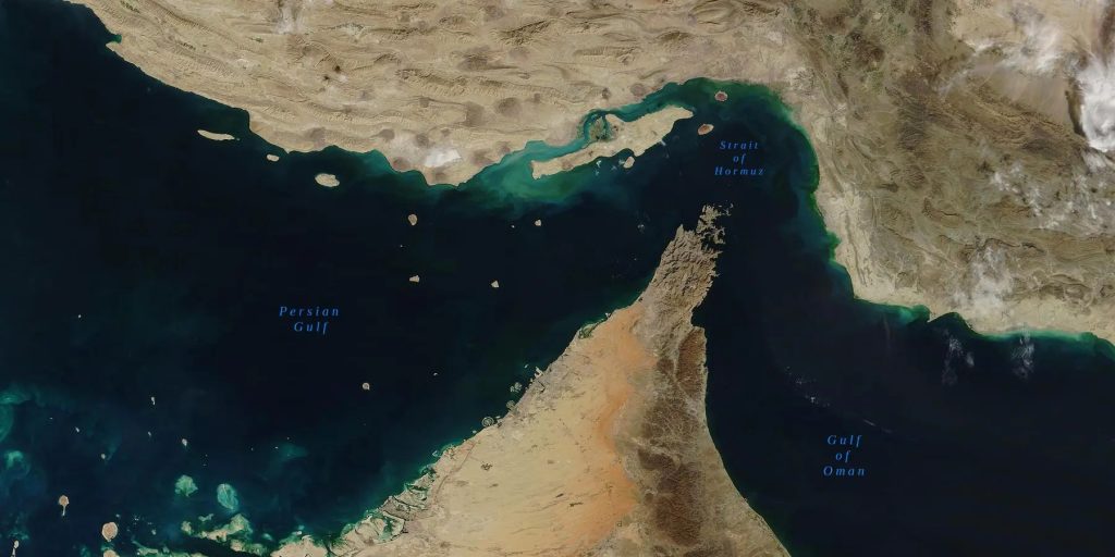 Satellite view of the Strait of Hormuz, Persian Gulf, and Gulf of Oman.