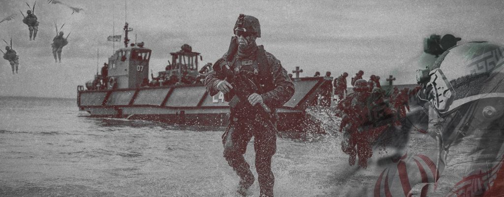 Soldiers in military gear during a coastal landing operation with a transport vessel.