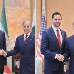 A side-by-side comparison of diplomatic meetings featuring Shehbaz Sharif shaking hands with Iranian and US representatives.