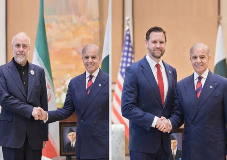 A side-by-side comparison of diplomatic meetings featuring Shehbaz Sharif shaking hands with Iranian and US representatives.