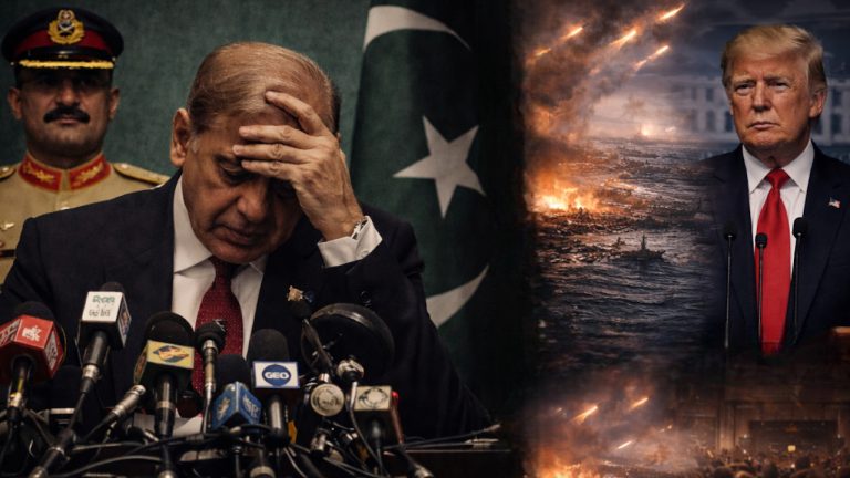 Split image of Shehbaz Sharif looking distressed and Donald Trump standing before a backdrop of naval warfare.
