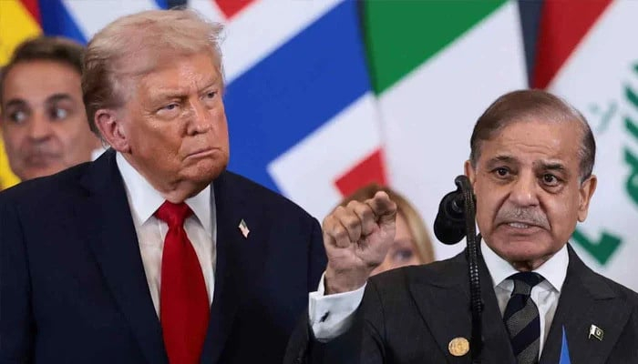 Donald Trump looking sternly as Shehbaz Sharif speaks at a podium during a formal event.