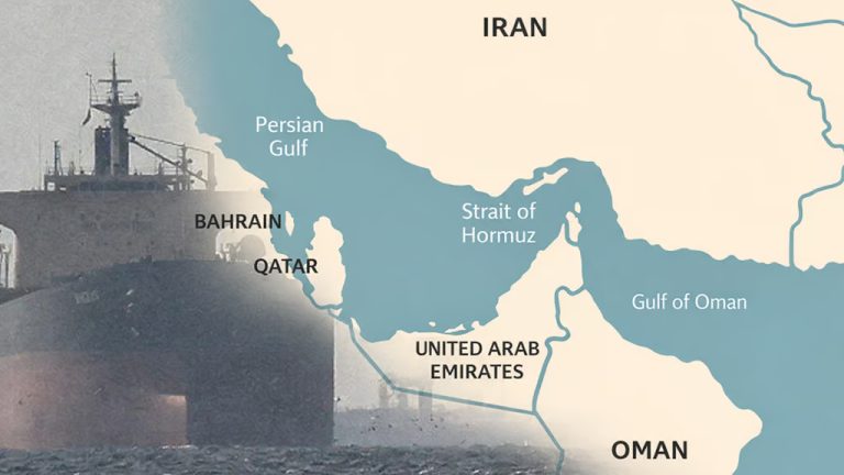 A geographical map of the Persian Gulf and Strait of Hormuz overlaid with a cargo ship.