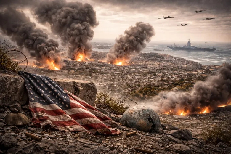 Dramatic digital art of a coastal conflict with an American flag in the foreground and a damaged globe.
