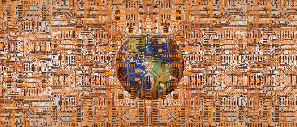 A conceptual digital illustration of planet Earth centered within a complex, glowing orange circuit board pattern.