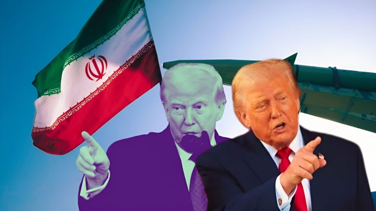 A digital collage featuring Donald Trump, the Iranian flag, and a military missile.