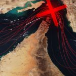 Satellite map of the Persian Gulf with red trajectories crossing through the Strait of Hormuz and a large red 'X'.
