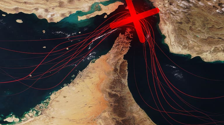 Satellite map of the Persian Gulf with red trajectories crossing through the Strait of Hormuz and a large red 'X'.