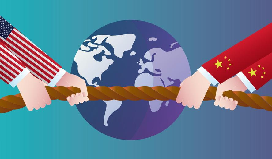 Illustration of US and China hands engaged in a tug-of-war with a rope over a globe.