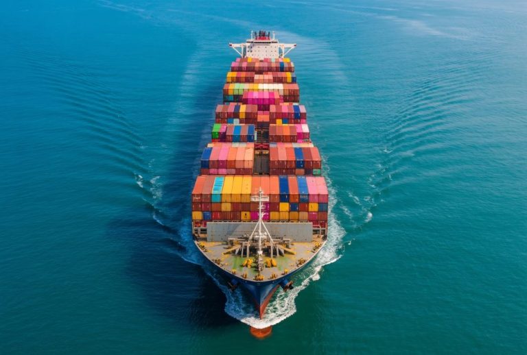 Aerial view of a massive cargo ship loaded with colorful containers at sea.