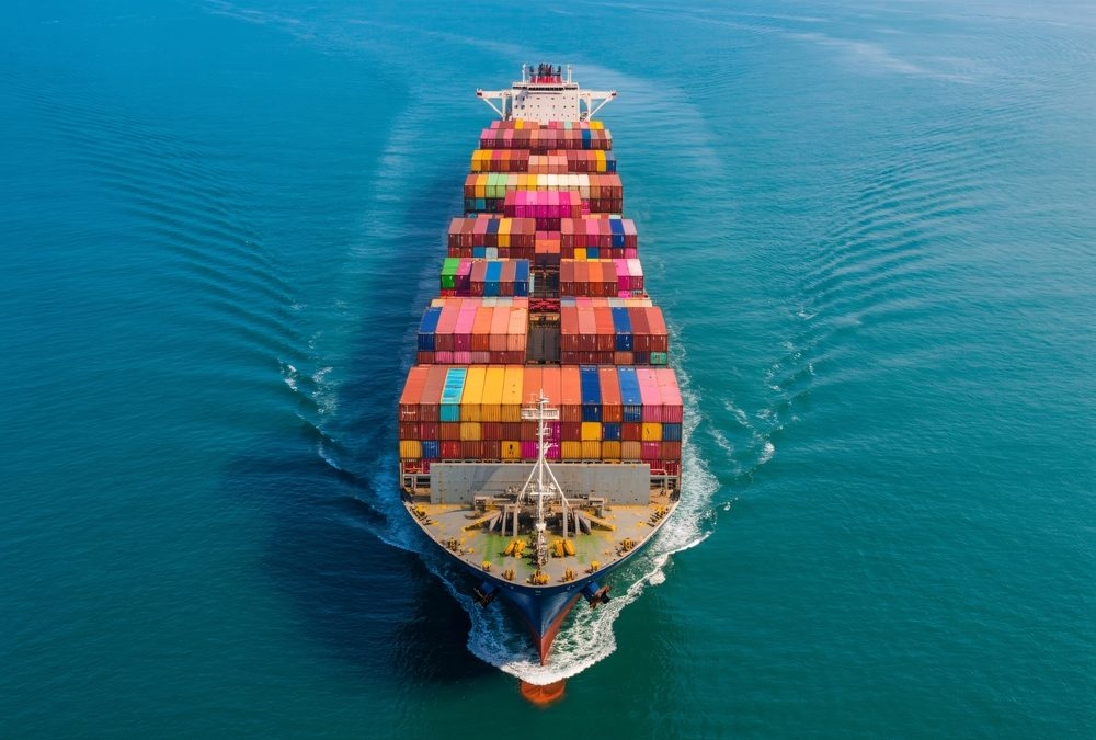 Aerial view of a massive cargo ship loaded with colorful containers at sea.