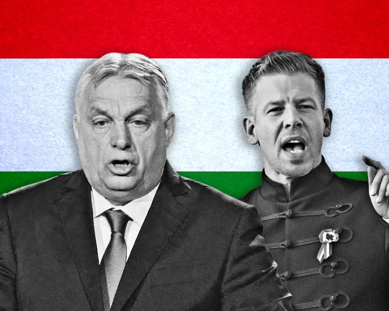 A grayscale collage of Viktor Orbán and another political figure against the red, white, and green colors of the Hungarian flag.