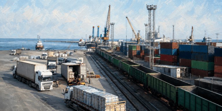 Industrial port with shipping containers, cargo trucks, and heavy cranes.