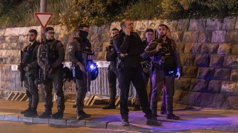 Israeli security forces standing in a line at night.