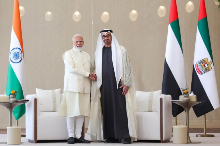 Indian Prime Minister Narendra Modi shaking hands with the President of the UAE.