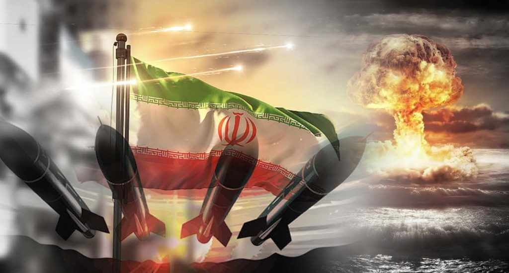 A digital composite of the Iranian flag, ballistic missiles, and a nuclear mushroom cloud.